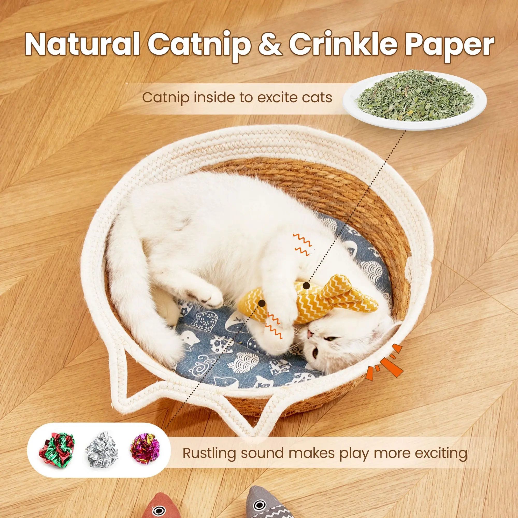 Cat Toys Fish, 3 Pcs Crinkle Sound Catnip Toys Soft Linen, Interactive Kitten Exercise Kicker Toys for Indoor Cats 7.8 Inches