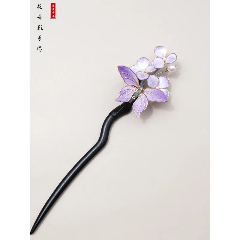 Intangible Heritage Sandalwood Hairpin Silk Butterfly Chinese Niche Hair Ornament