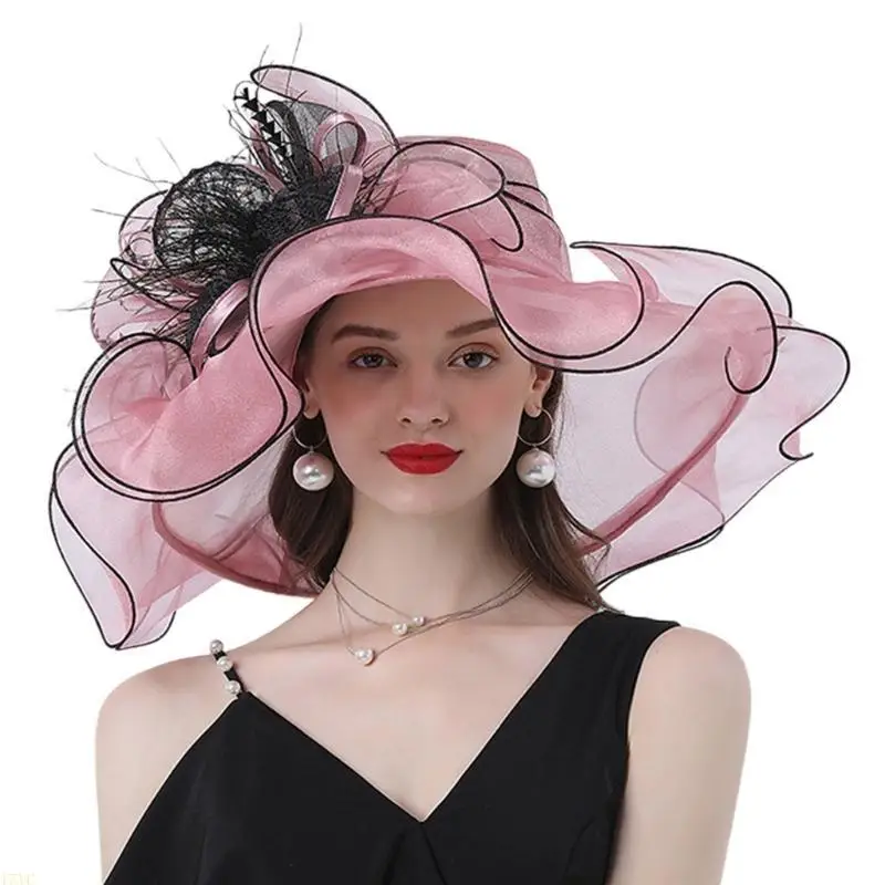15YC Sommer-Bowlerhut aus Organza, Cloche für Damen und Mädchen, Party, Hochzeit, Foto-Requisiten, Organza-Bowknot-Hut mit – Detail 3