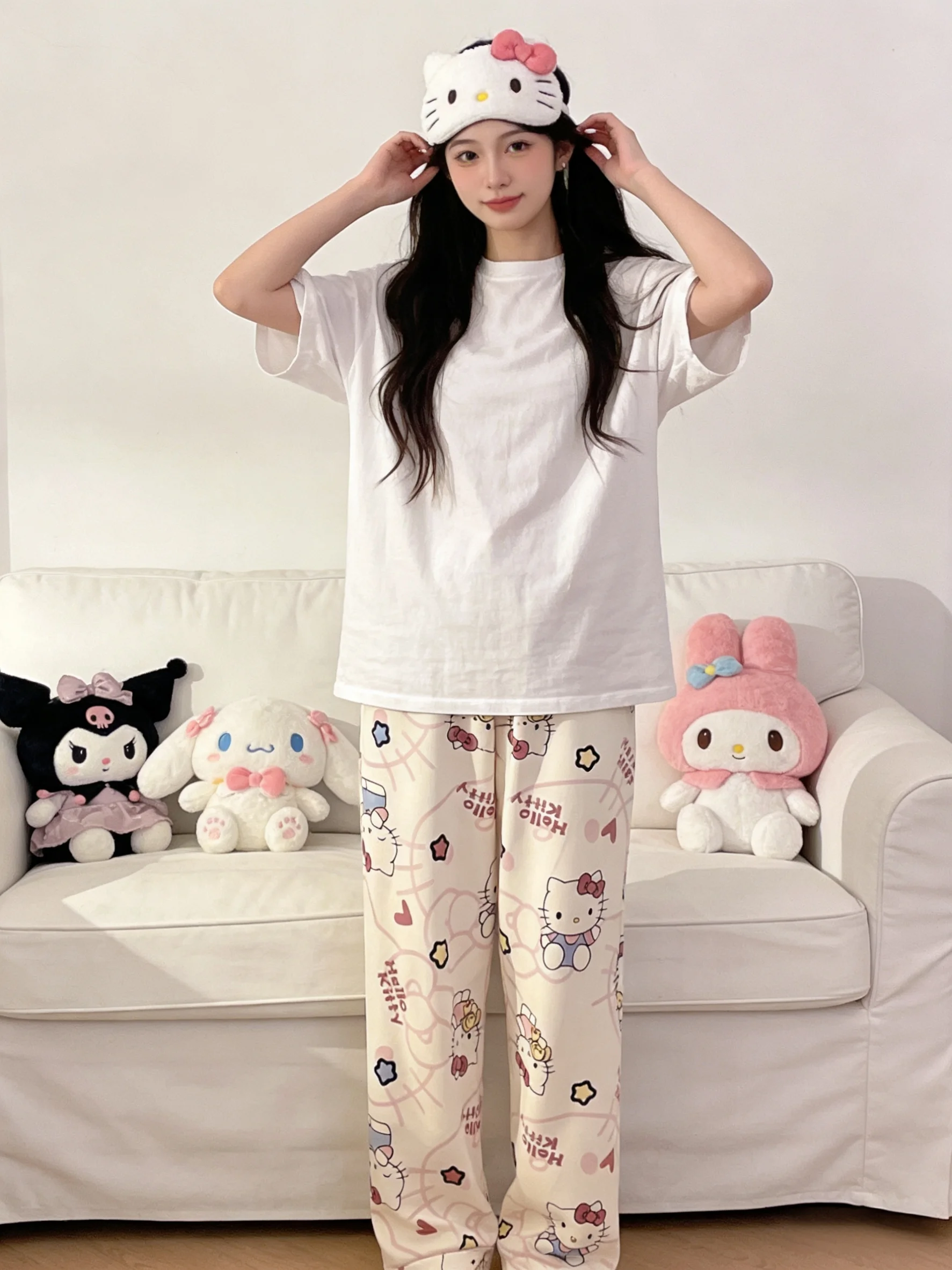 

Новые абрикосовые пижамные штаны Hello Kitty для весны-лета, в стиле Y2K с мультяшными аниме-принтами, комплект для лучших подруг, образ для тематической вечеринки