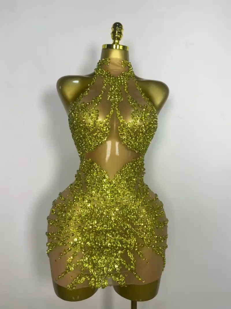 Estoque cantor dançarino mostrar palco wear strass brilhantes sexy malha ver através do vestido festa de formatura celebrar aniversário vestido