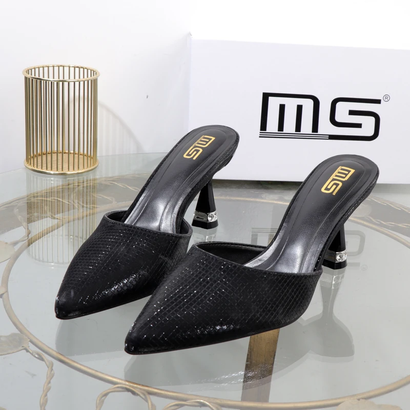 2024 new outdoor slippers pointed shallow heels rose gold half-drag thin heels with high heels for women elegant sandals