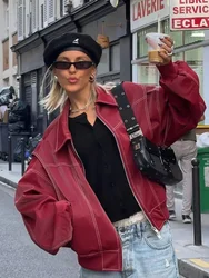 Giacca da donna Chic con cuciture a contrasto giacca rossa moda bavero manica lunga cappotto in pelle con cerniera 2023 autunno donna elegante Streetwear