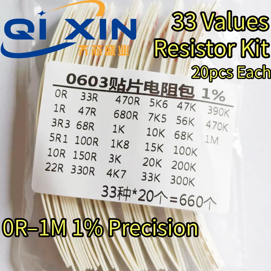 SMD Chip Resistor Assortment Kit 0402 0603 0805 1206 Size, 33 Values 20pcs Each SMT Sample Pack Electronic Circuit Repair Compon