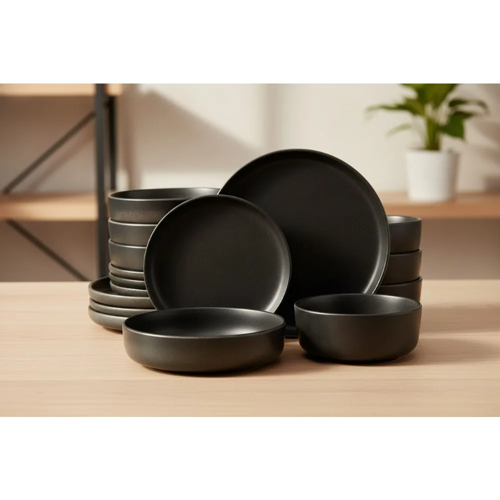 

16-Piece Reactive Glaze Dinnerware Set for 4 - Black Stoneware Plates & Bowls, Durable Ceramic Dishes