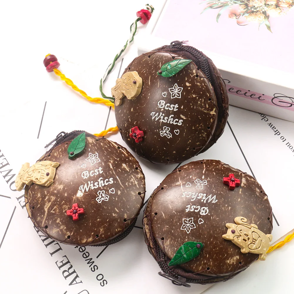 Best Wishes Brown Coconut Shell Purse Hand-carved Natural Coconut Shell Handmade Crafts Jewelry Creative Cute Wallet Storage Bag