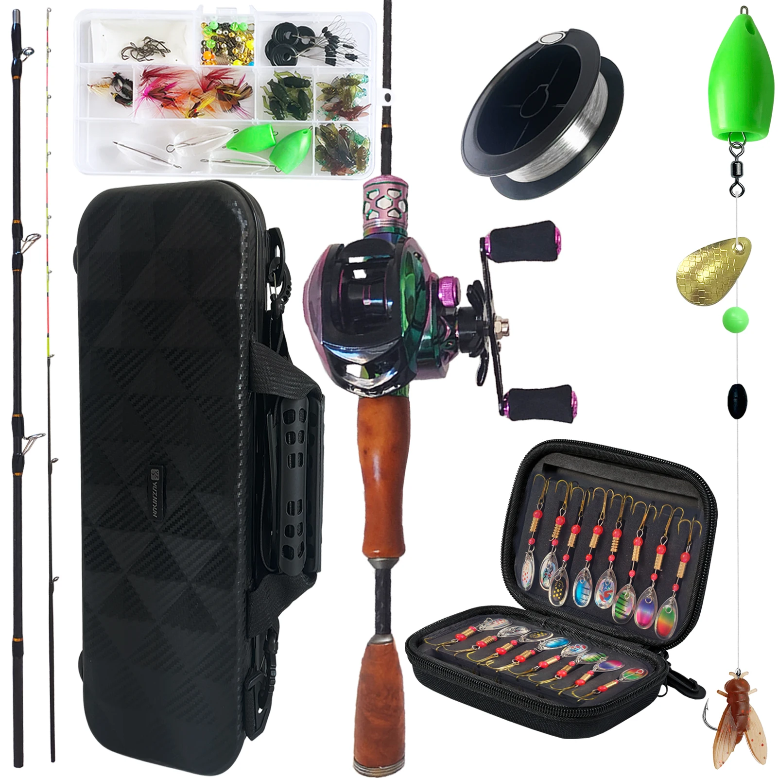 

FREE FISHER 150pcs Fishing Rod Reel Combo,Ultralight Glass Fiber 1.13m Travel Rod, 7.2:1Baitcasting Reel,Flies Spinnberbaits Kit