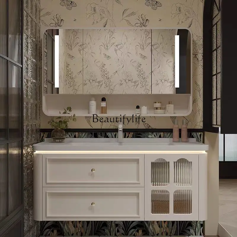 

French cream wind bathroom cabinet rock slab hot bending integrated basin toilet washstand combination