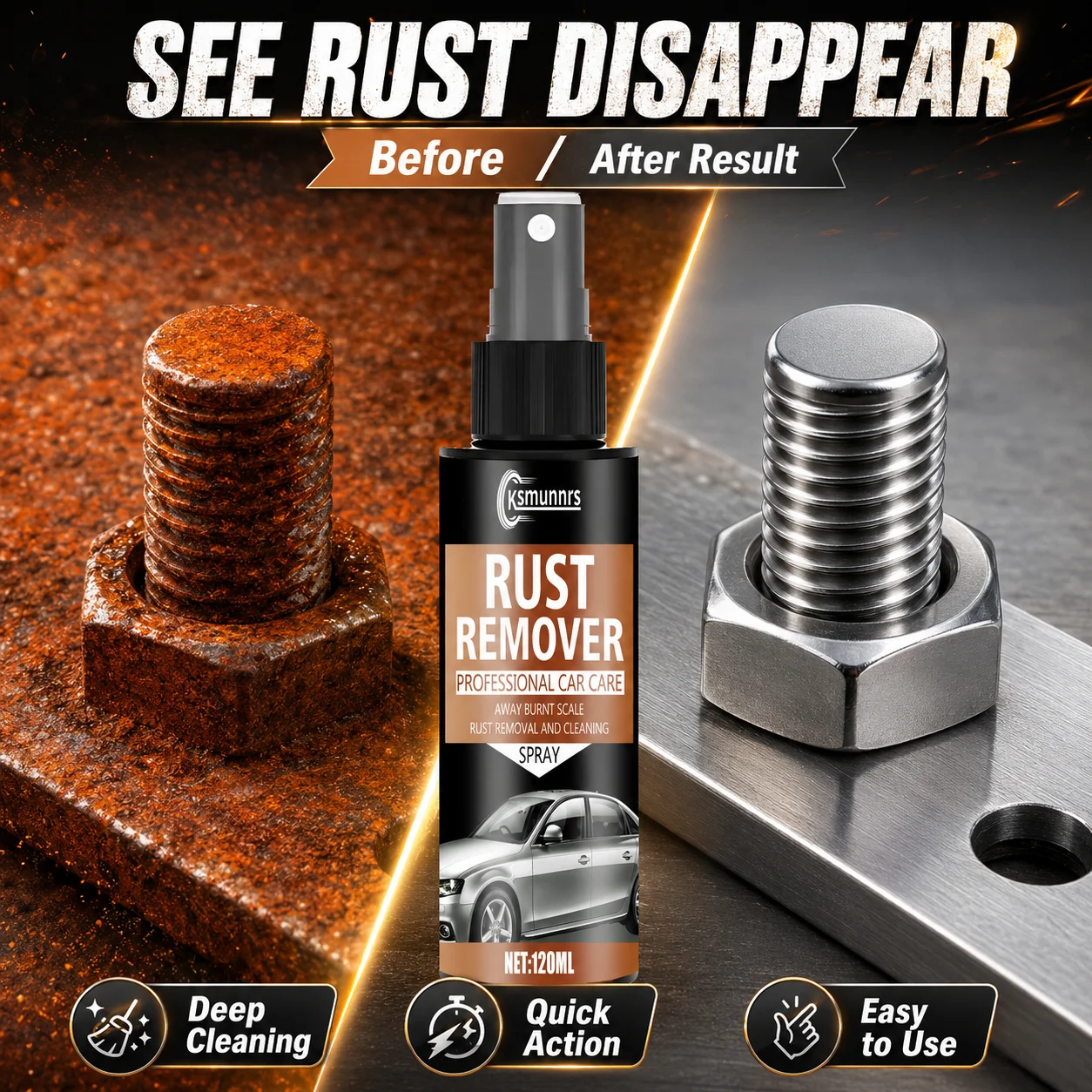 Rust Remover Spray 120ml, Quick Action Deep Cleaning, Easy To Use for Car & Metal Hardware Rust Removal