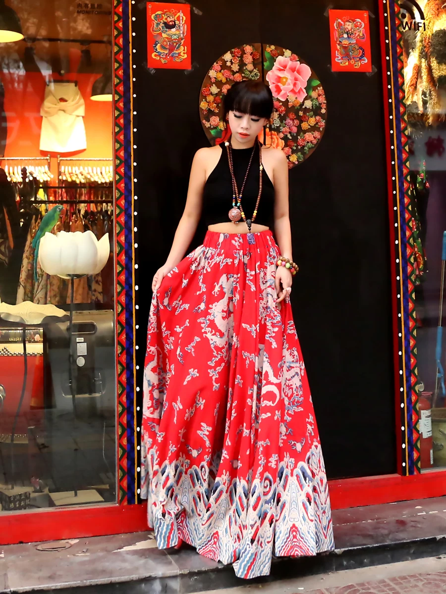TIYIHAILEY Long Floor Length A-line Elastic Waist Women Spring Autumn Cotton Linen Printed Big Hem Skirts New Custom Made 2025