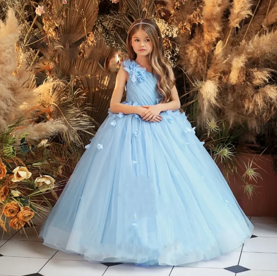 

New Custom Flower Girl Dresses One Shoulder 3D Flowers Sleeveless Christmas Gown Pleat Princess Formal First Communion Dress