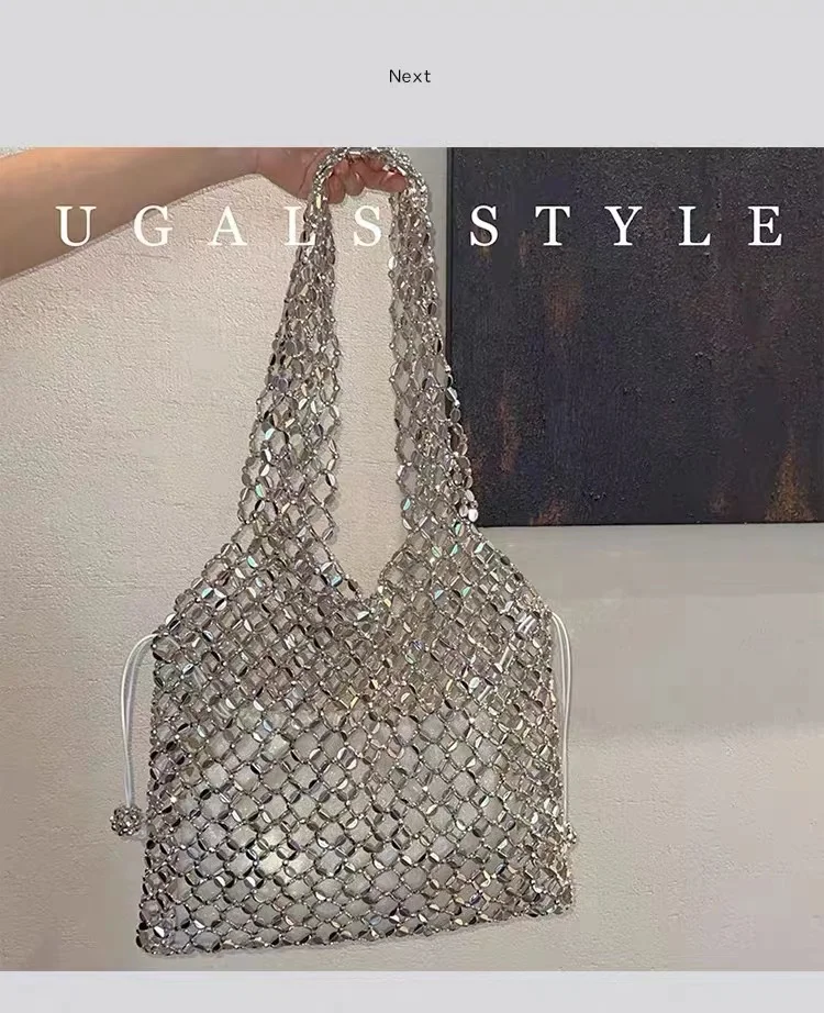 

Shiny Silver Beads Beading Handmade Bucket Bag Hollow Out Large Capacity Women Handbag Lady Purse Shoulder Bag Female Casual Bag