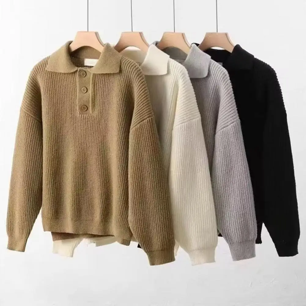 

2024 Men Sweater Button Turn-down Collar Long Sleeves Top Retro Knitted Thick Warm Pullover Stretchy Knitwear