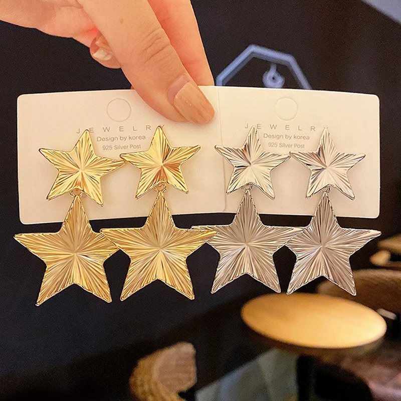 SRCOI Large Star Drop Luxury Earrings Gold Silver Color Pentagram Statement Big Earrings For Women 2022 Fashion Accessories Gift