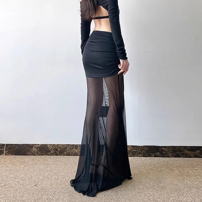 Schwarz Mesh Patchwork Rock Frauen Sexy Hot Girl Schlank Falten Hüfte Wrap Rock Sommer Neue Harajuku Alle Spiel Dünne Durchsichtig Rock