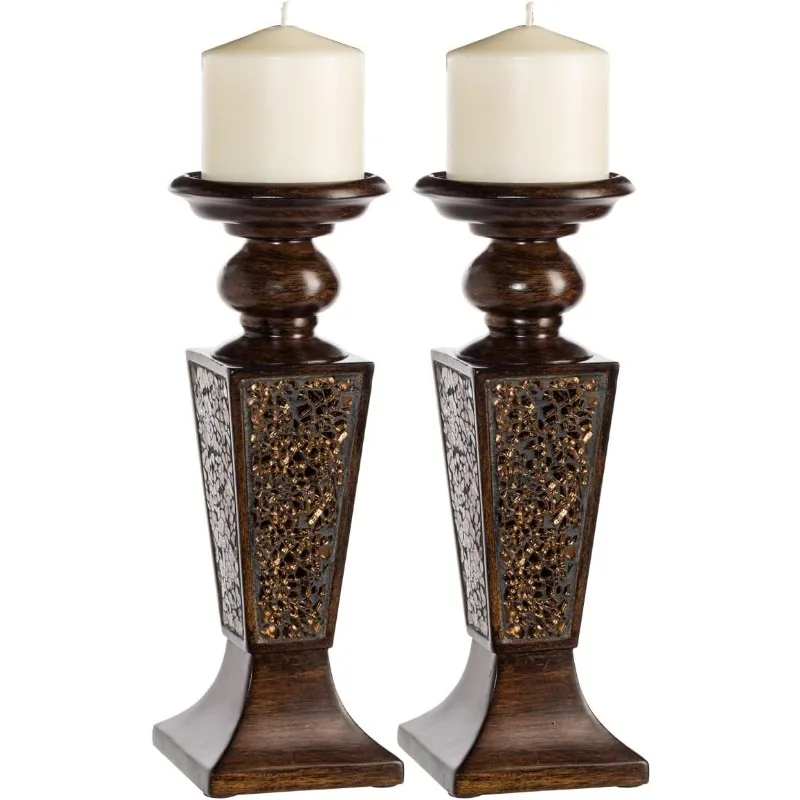 

Brown Pillar Candle Holder Set of 2- Crackled Mosaic Design- Functional Table Decorations- Centerpiece
