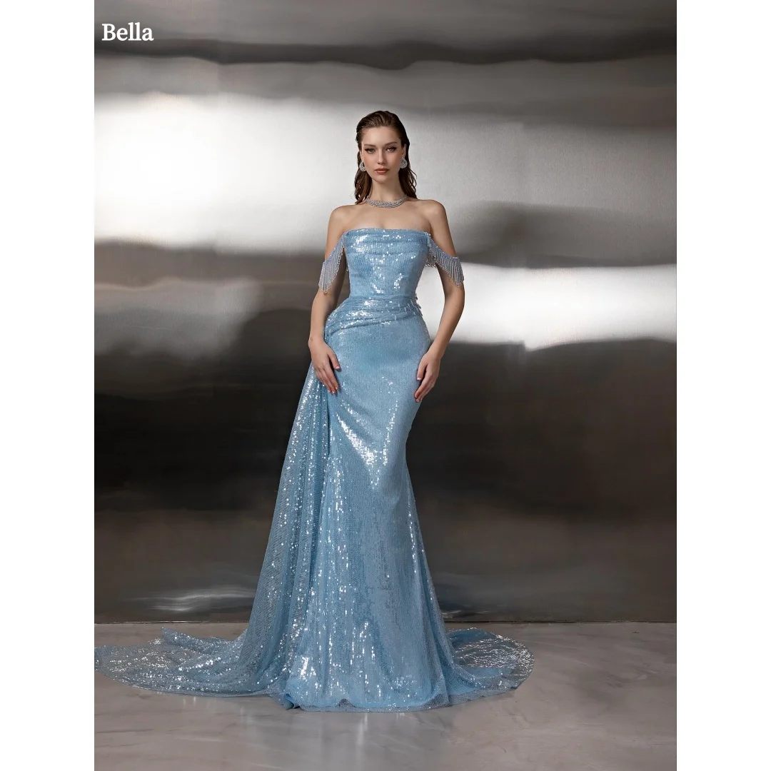 

Bella Customized Blue Sequins Off The Shoulder robes de soirée Strapless Mermaid Party Dresses Floor-Length Prom Dress 2025