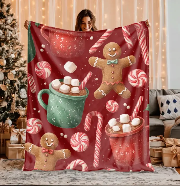 Gingerbread Men & Hot Cocoa Sherpa Blanket Red Christmas Candy Throw Cozy Holiday Peppermint Blanket Gift Blanket