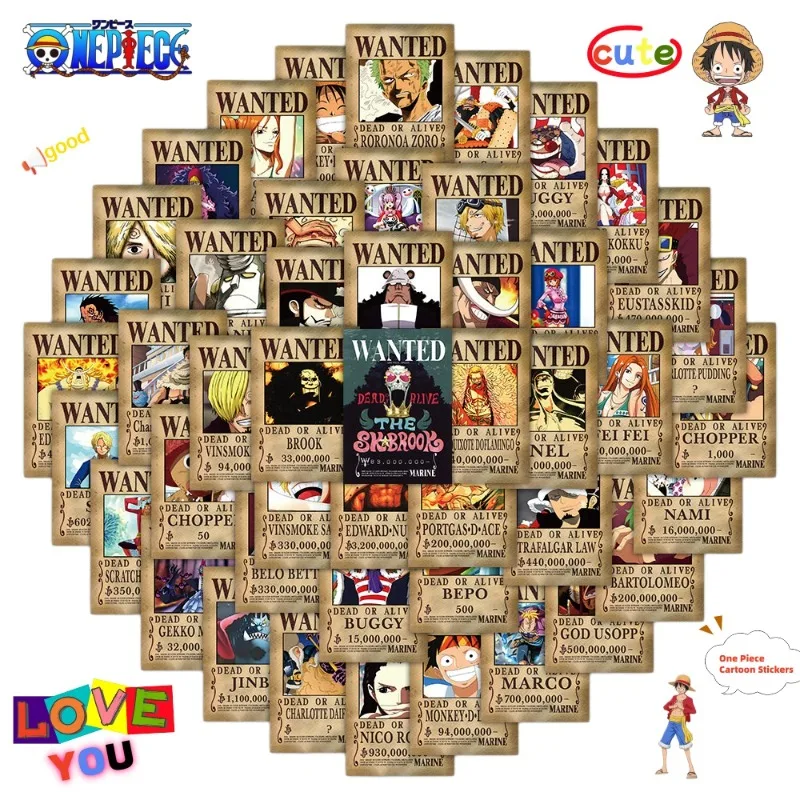 50pcs/bag One Piece Wanted Order Sticker Cartoon Character Luffy Zoro Nami Waterproof Computer Thermos Cup Decorative Sticker