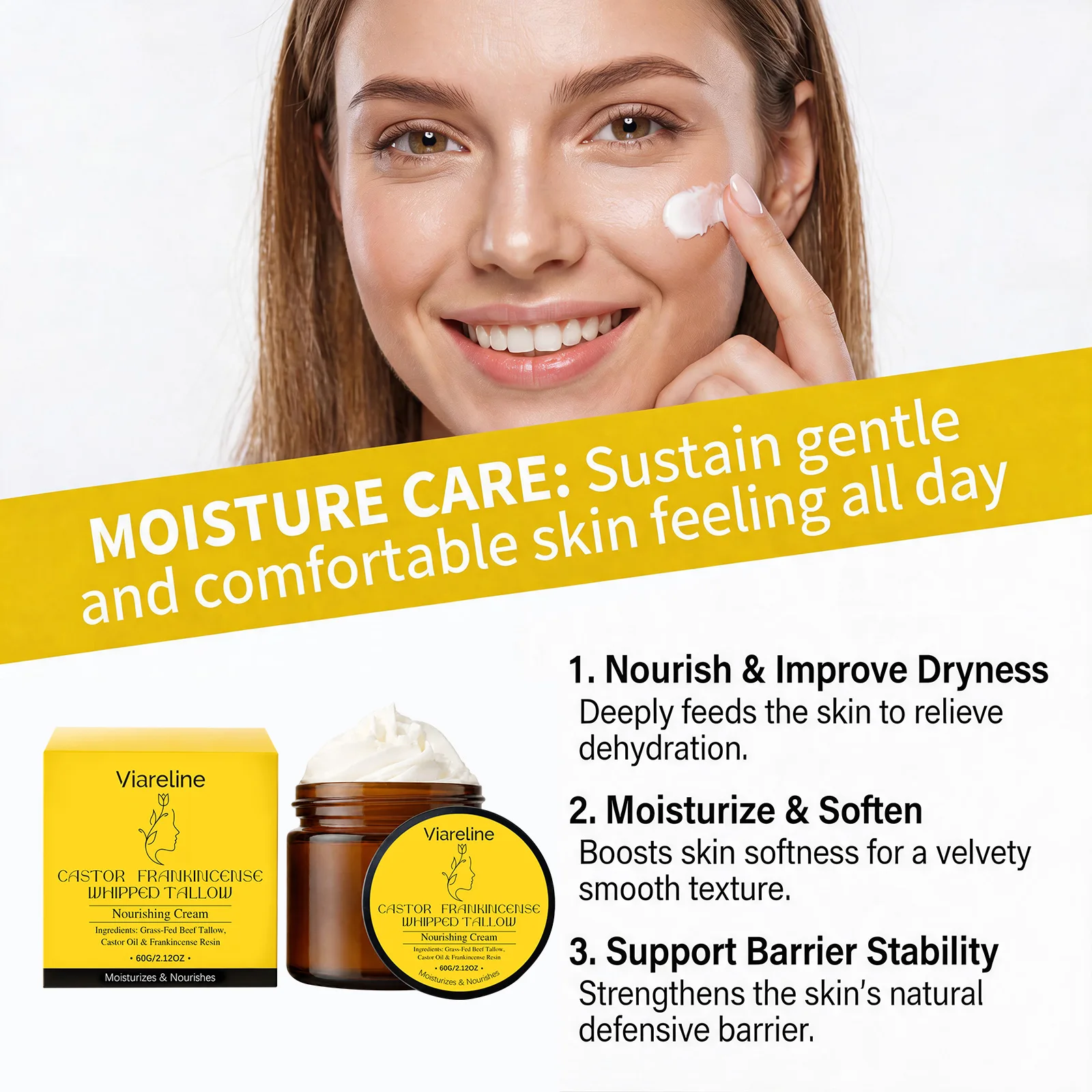 Frankincense Beef Tallow Cream Deep Hydrating Smooth Lightweight Castor Seed Oil Moisture Lock Balm for Cracked Dry Skin
