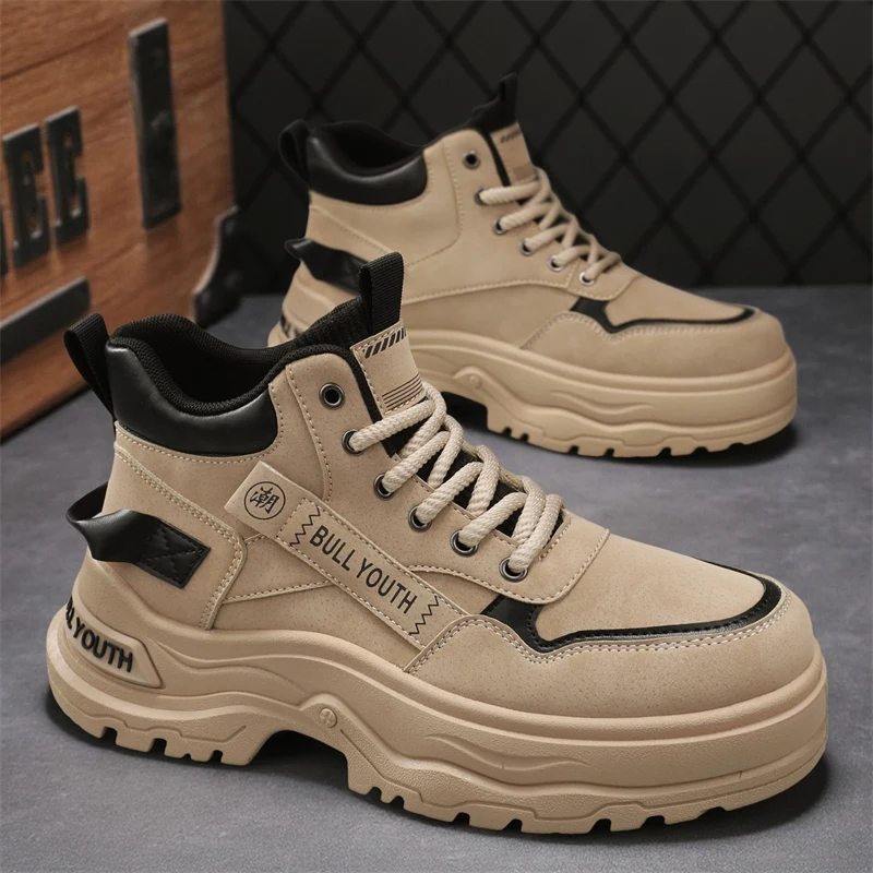 

Solid Colour Mens Casual Shoes 2025 Autumn Ankle Boots High Top Leather Sneakers Male Fashion Anti Slip Work Wear Light Footwear