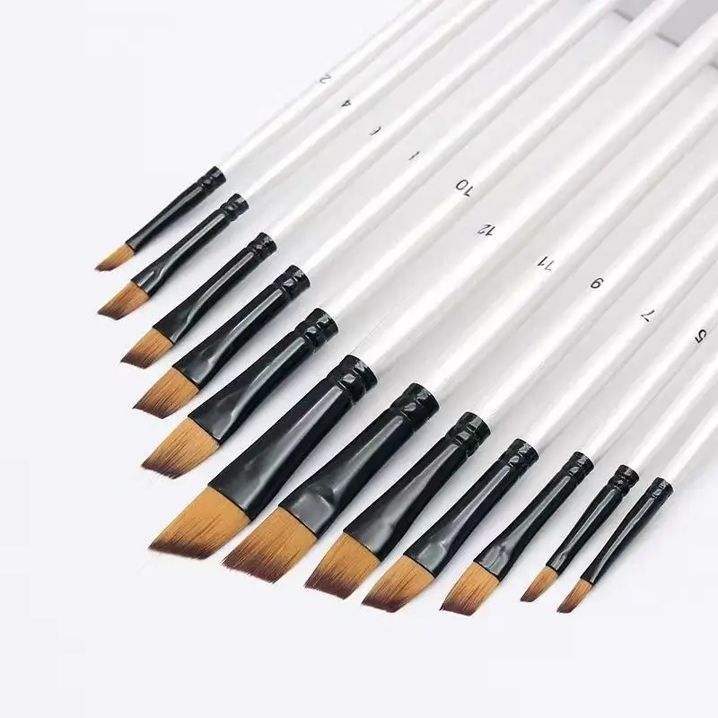 【Y】12Pcs Nylon Hair Wooden Handle Watercolor Paint Brush Pen Set Learning DIY Oil Acrylic Painting Art Paint Brushes Supplies