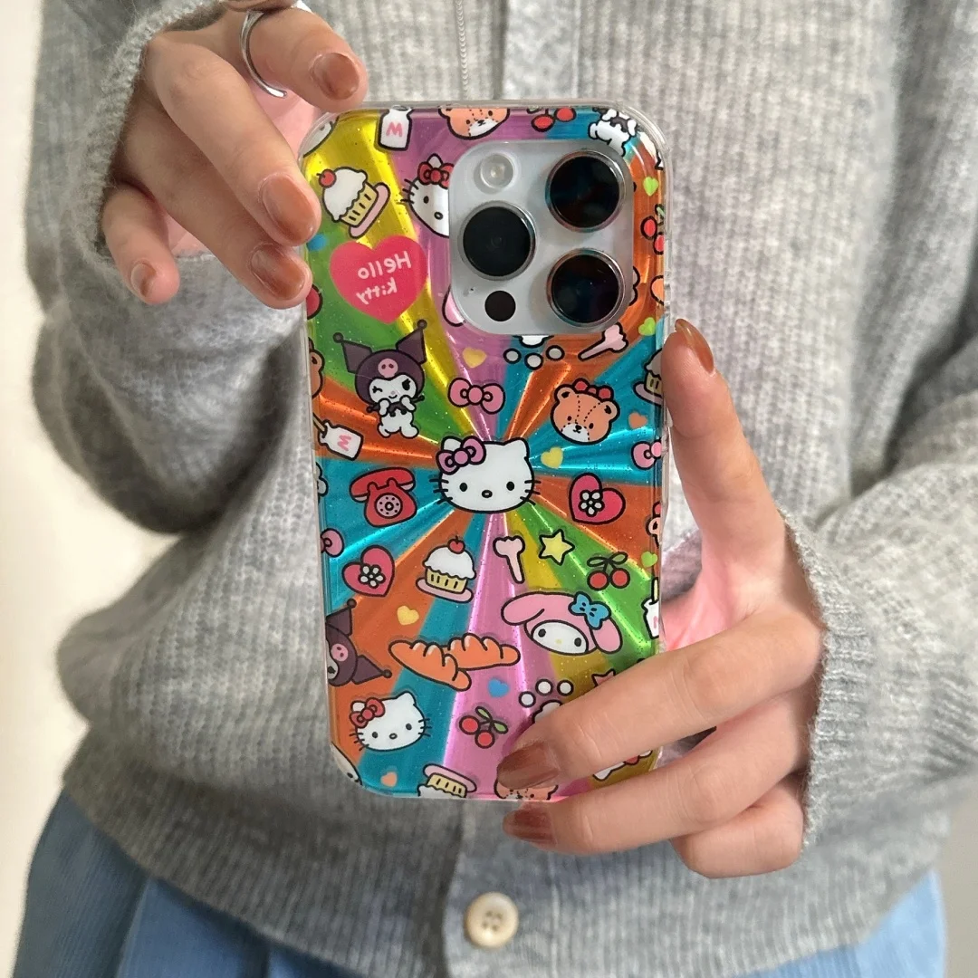 

Shining Hello Kitty Strap chain Phone Case For iPhone 17 16 15 14 Pro Max Plus Y2K Rainbow Laser Radiant Firework pattern Cover