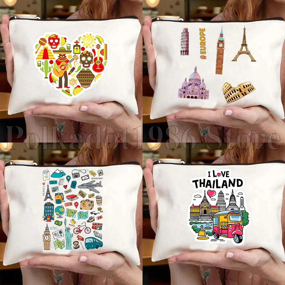 España Italia Islandia Malta EE. UU. Marcos Europa Paquete de viaje Bolsa de lona Bolsas de cosméticos de viaje Bolsa de almacenamiento de moda de maquillaje para mujer