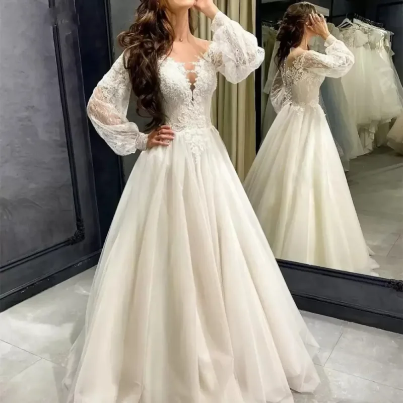 

Graceful Lace Wedding Dresses Vintage Princess Bridal Gowns 2024 Puffy Long Sleeves French Marriage Dress Vestido De Noiva