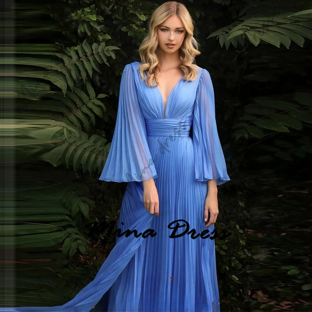 

Mina Customized Backless Evening Dresses Woman Elegant Party Dresses 2024 Pleated V-neck Royal Engagement Dress Es Dolman Sleeve