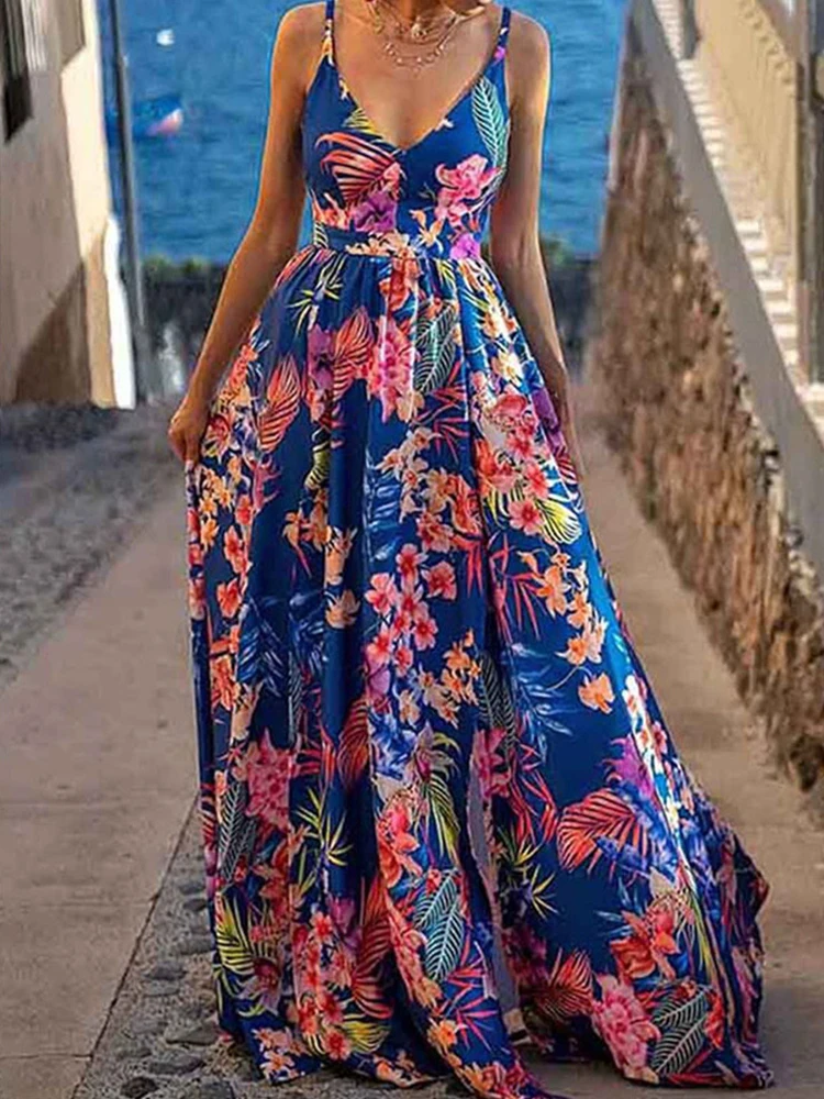 Kobiety elegancka elegancka rozcięcie plaża Maxi sukienka letnia seksowna dekolt kwiatowy Print sukienka Sling moda talia Zipper Backless sukienek