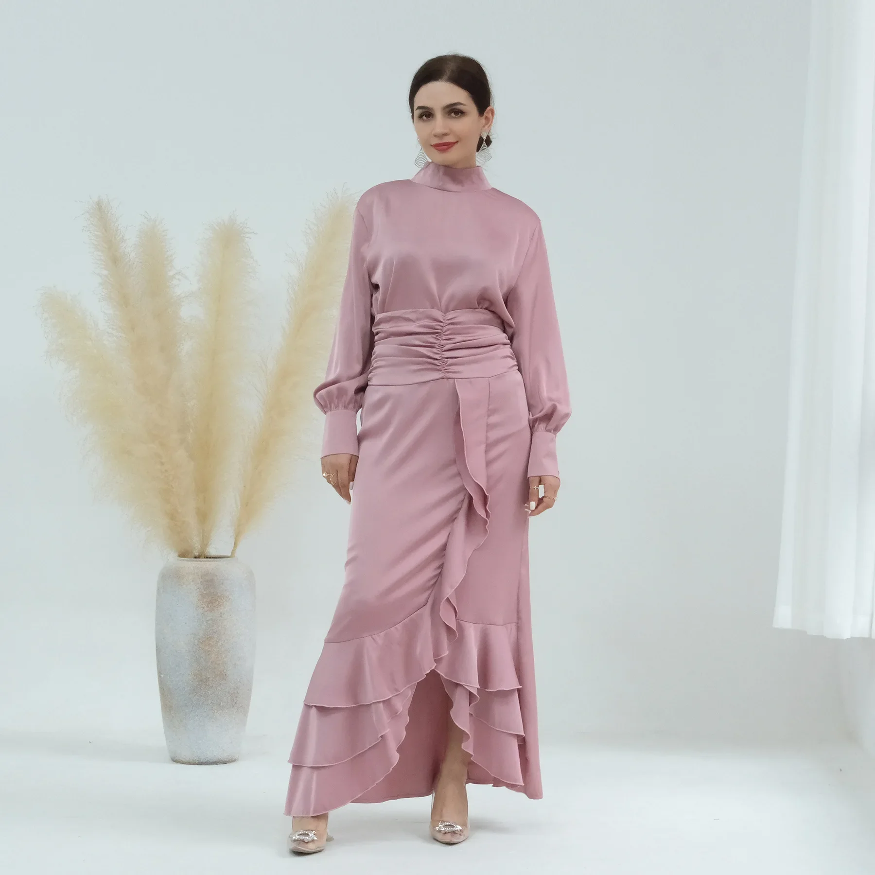 

Morocco Fashion Party Turtleneck Top And Skirt Set Dress Women Modest Long Silky Satin Dubai Muslim Vestidos Eid Evening Abayas