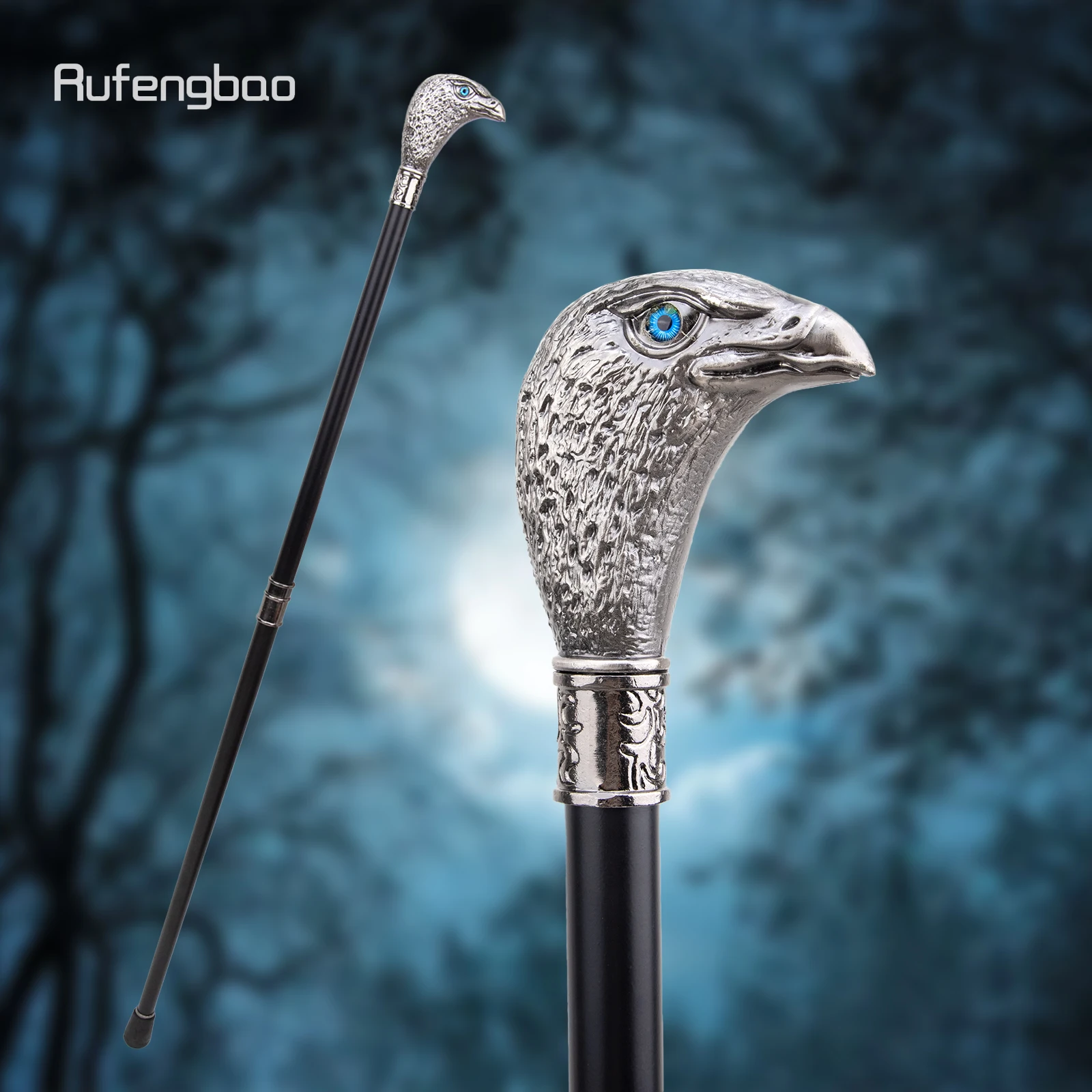 Sliver Eagle Head with Blue Eyes Walking Cane Fashion Decorative Walking Stick Gentleman Elegant Cosplay Cane Knob Crosier 93cm
