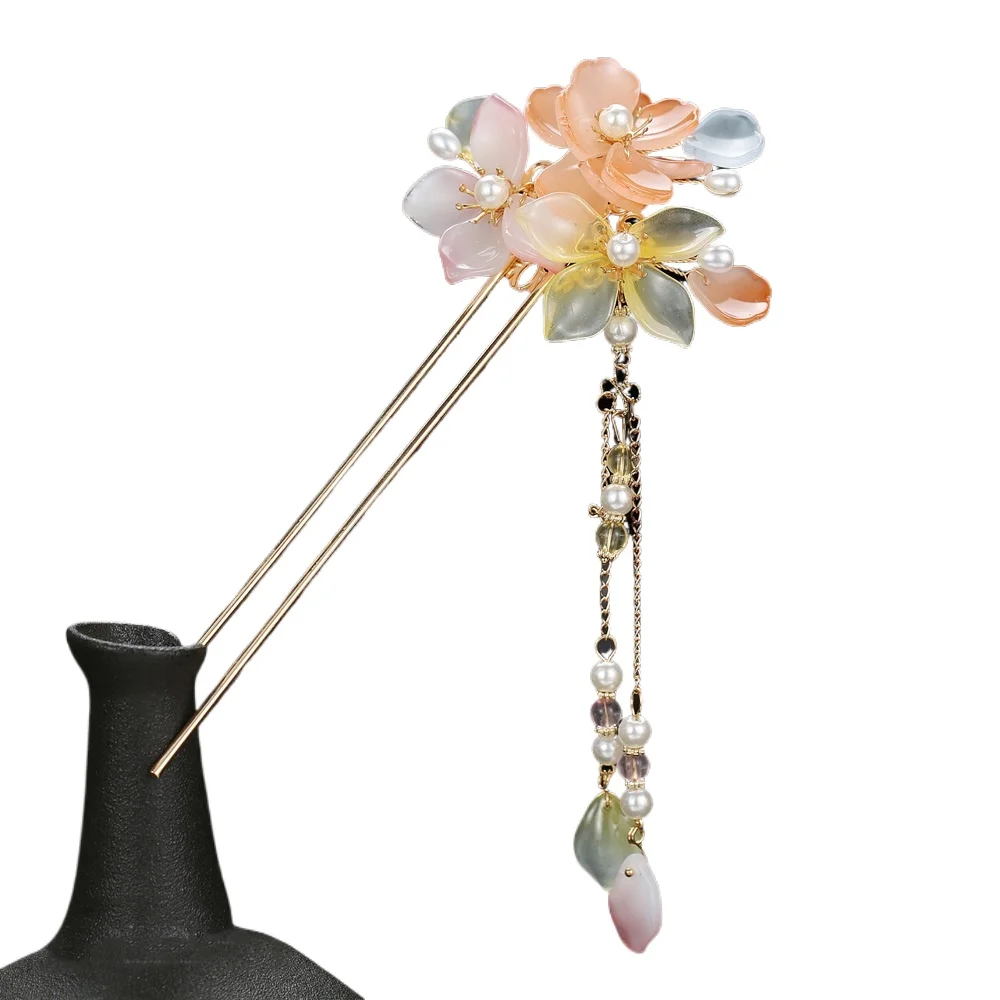 

* Винтажная палочка для волос с кисточками, палочки для еды для женщин, китайские аксессуары для волос Hanfu, бахрома, жемчужная заколка с цветочным принтом, вилки, металлические украшения