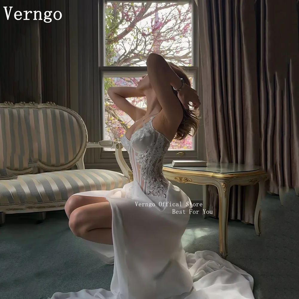 Verngo Sexy Appliques Lace Wedding Dress Square Collar Sexy Mermaid Bridal Gowns Women Side Slit Bride Dresses Customized