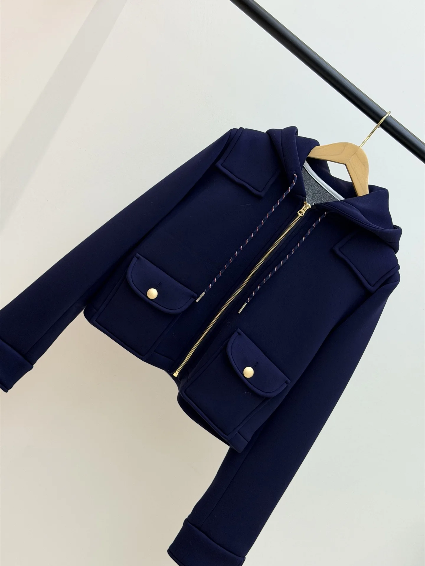 

Women Zipper Short Coat Hooded Drawstring Long Sleeve Casual Pockets Lady Simple Jacket Fall Winter 2025 Dark Blue Top