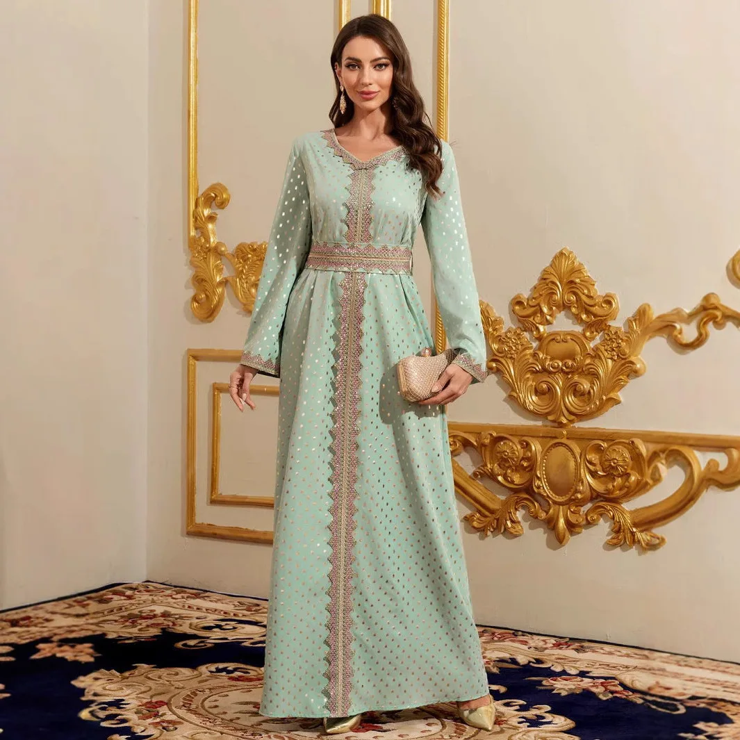 

Women's 2025 New Dress Arab Dubai Robe Long Sleeve V-neck Gown Muslim Long Dress Robe Abaya Ramadan Dubai Luxury Islamic Elegant
