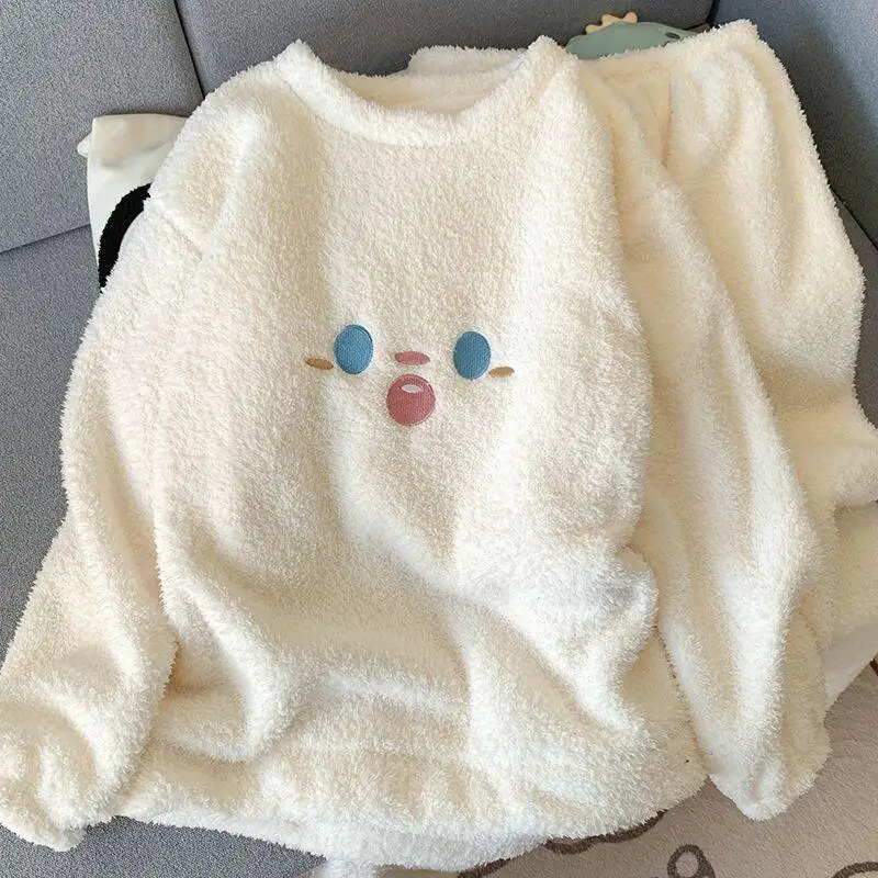 

Сексуальный пижамный комплект с улыбающимся лицом, одежда для сна для женщин, модная домашняя одежда, осень-зима, полукоралловый флис, толстый, с длинными рукавами, алоэ, йога