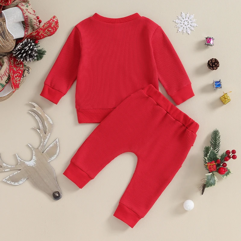 

Toddler Baby Boy Girl Christmas Outfit Jolly Pullover Sweatshirt Long Pants 2Pcs waffle Winter Clothes