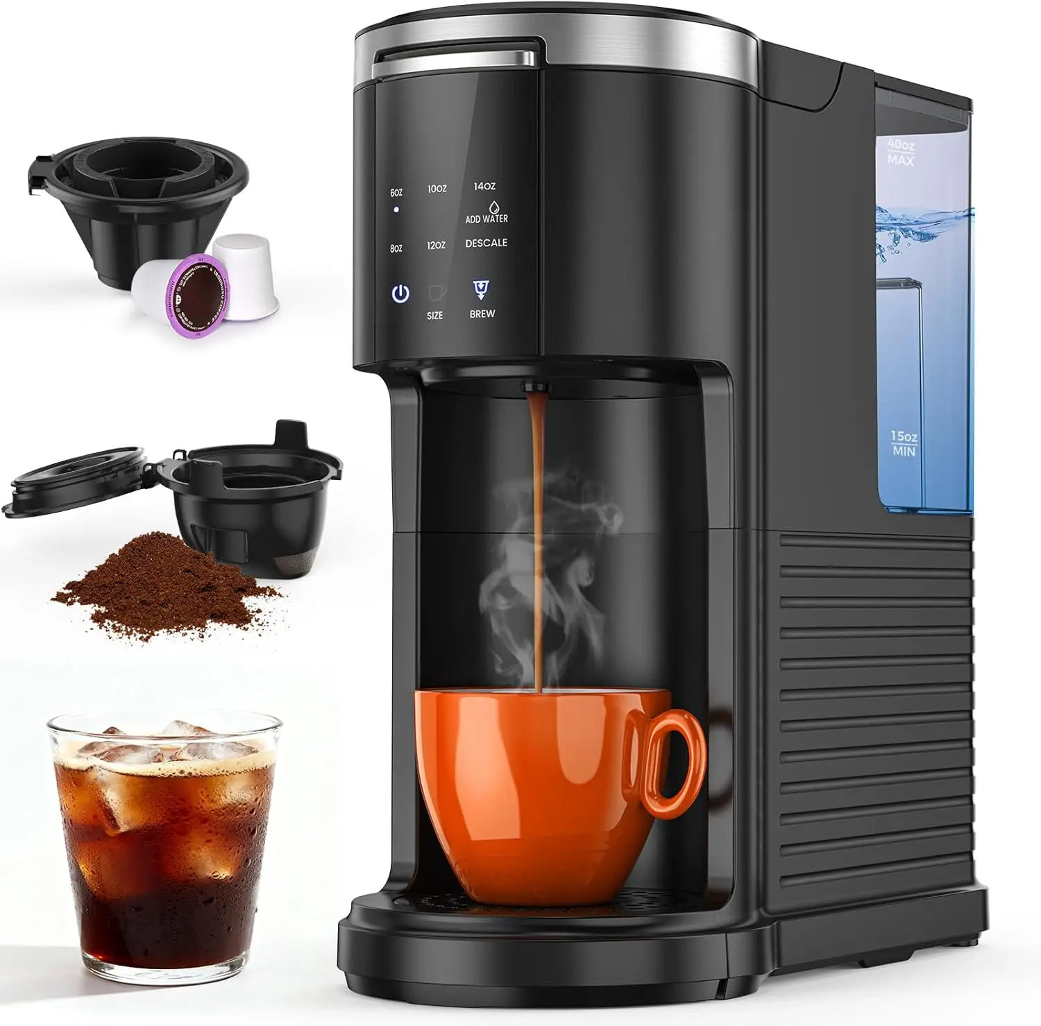

Single Serve Coffee Maker for K Cups and Ground Coffee, Capsule Coffee Machine, 6 to 14oz Brew Sizes, 40oz Removable