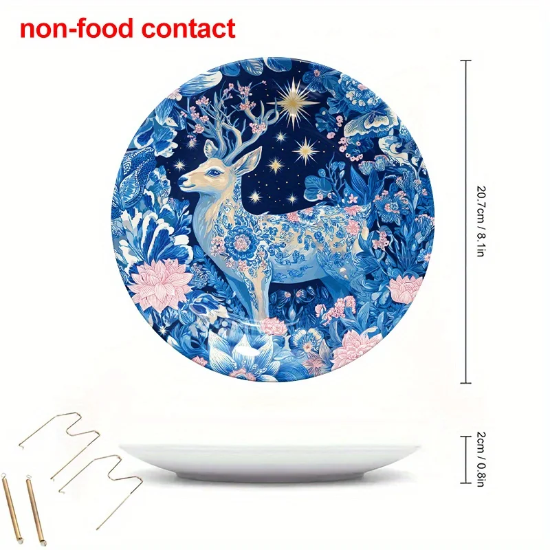 1pc Vintage Deer and Floral Wall Hanging Plate - Elegant Blue & Pink Floral Deer Head with Stars, Non-Food Contact Ceramic