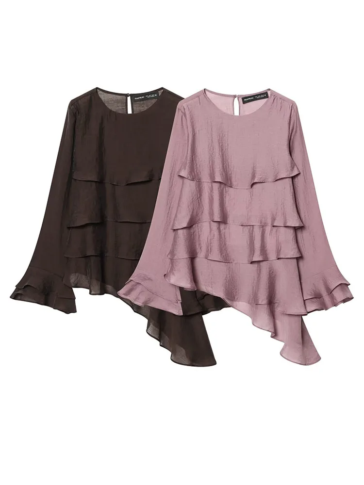 

Женская весенняя модная блузка HH: однотонная, повседневная, свободного кроя, элегантная, с длинными рукавами, круглым вырезом и асимметричным декором с рюшами.