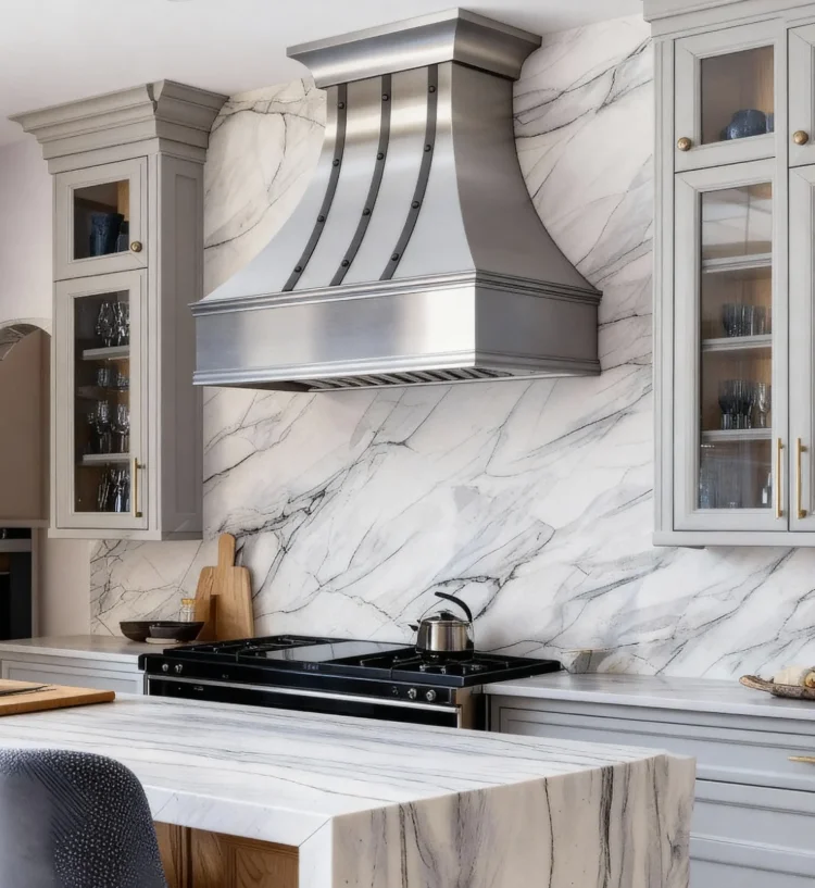 Luxury Custom Stainless Steel Wall Mounted Range Hood with Riveted Copper Straps