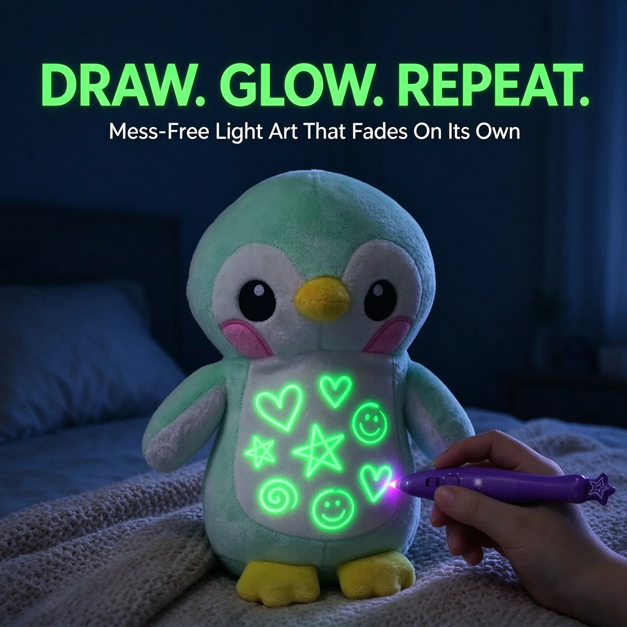 Glow in the Dark Plush Penguin LED Light Drawing Pen, Reusable Mess-Free Doodle Stuffed Animal, Kids Bedtime Bedroom Decor Gift