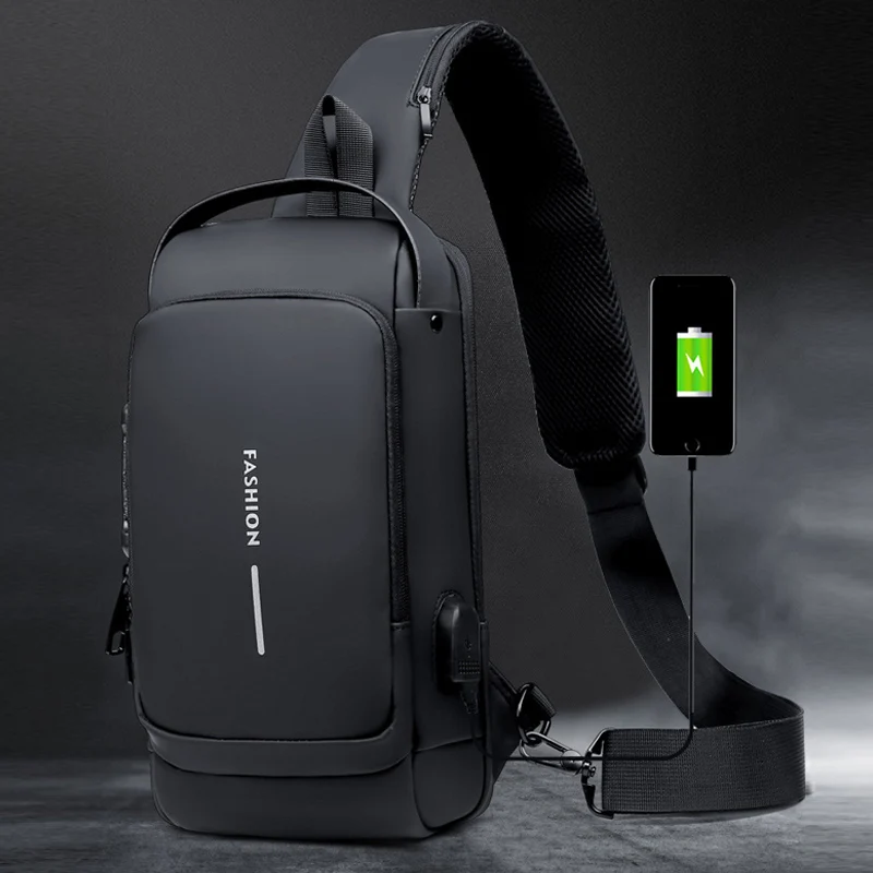 Multifunction Patent Leather Chest Bag Men Waterproof Men Crossbody Bag Anti-theft Travel Bag Male USB Charging Chest Bag Pack