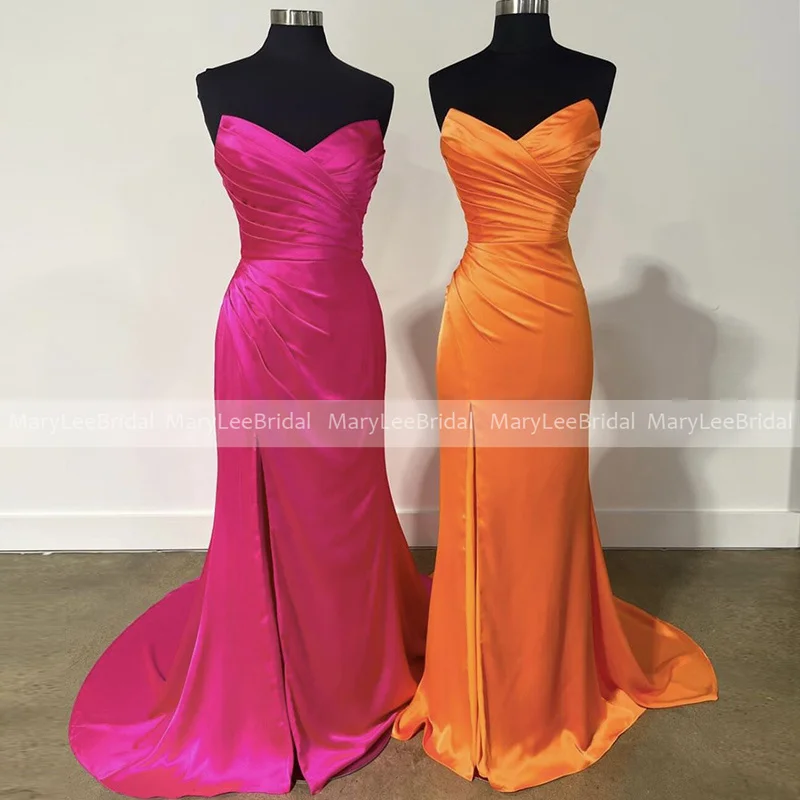 Vestidos de dama de honor de sirena naranja sin tirantes con abertura plisada, satén fucsia, vestido de fiesta de boda, vestidos de novia hechos a