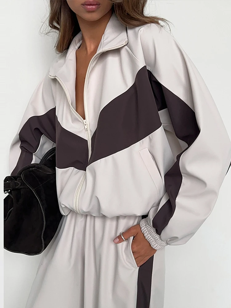 Getäfeltes, langärmliges, übergroßes Oberteil, Hosen-Sets für Damen, Streetwear, Laternenärmel, Reißverschluss, lockerer Mantel, Hose mit weitem Bein, modische Sportbekleidung – Detail 37