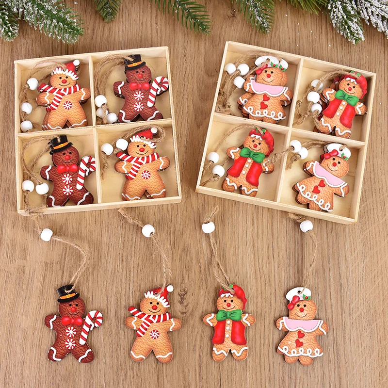 12Pcs Gingerbread Man Ornaments Wooden Christmas Gifts DIY Xmas Tree Hanging Pendants For Home Xmas Navidad Party Decorations