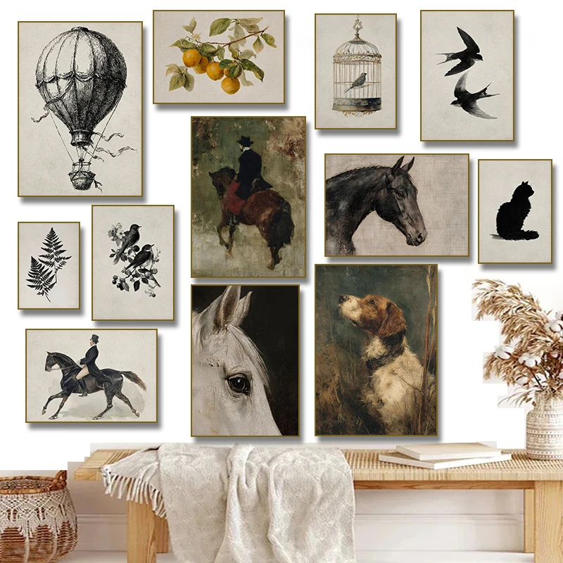 Rahmenloses Vintage-Poster mit Botanischen Motiven, Fliegenden Vögeln, Rustikalem Pferd, Reiter, Jagdhund, Leinwanddruck, Wandkunst, Bild H