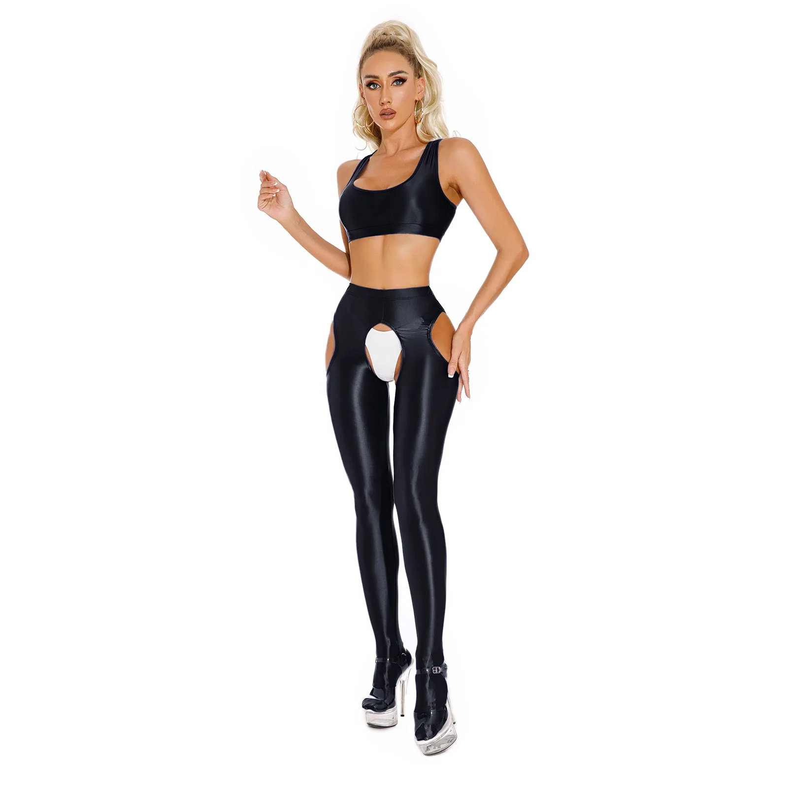 Womens 2 Piece Rave Dance Outfits U Neck Racerback Crop Top with Crotchless Leggings for Night Club Disco Party Pole Dancing